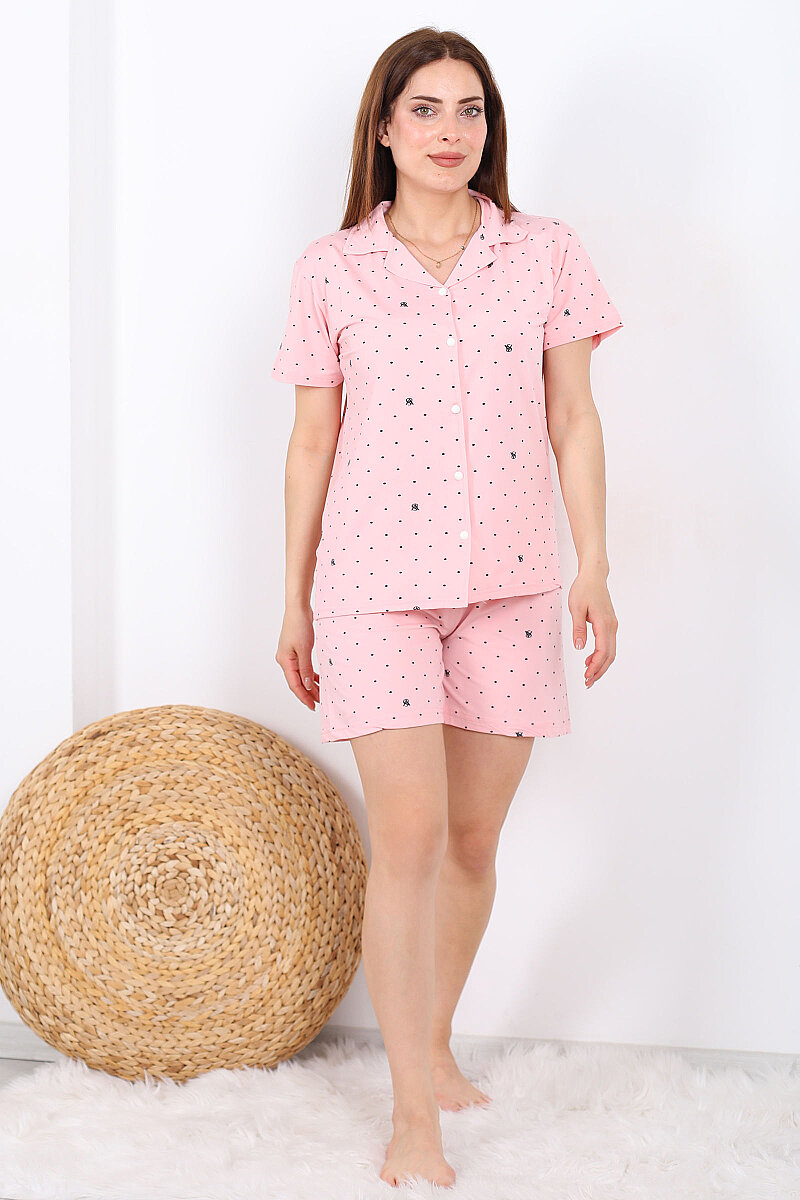Puantiye Desenli Düğmeli Pembe Kadın Şortlu Pijama Takımı - 6
