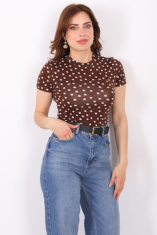 Puantiyeli Bisiklet Yaka Kadın Kahverengi Body - 4