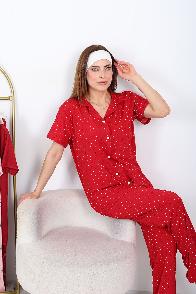 Puantiyeli Düğmeli Kırmızı Kadın Pijama Takımı - 1