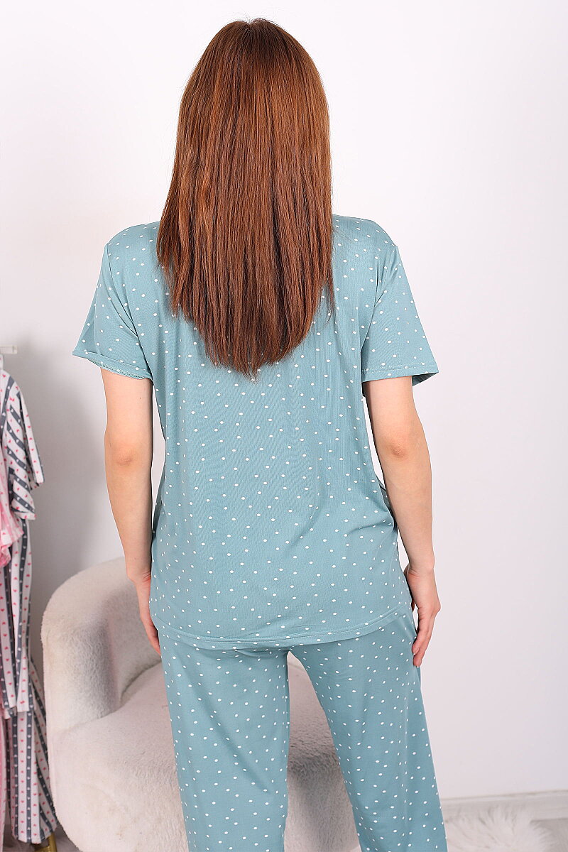 Puantiyeli Düğmeli Yeşil Kadın Pijama Takımı - 6