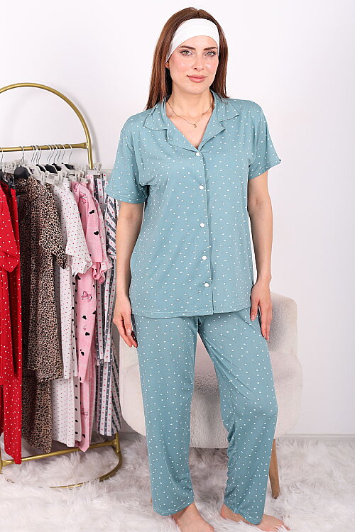 Puantiyeli Düğmeli Yeşil Kadın Pijama Takımı - 4