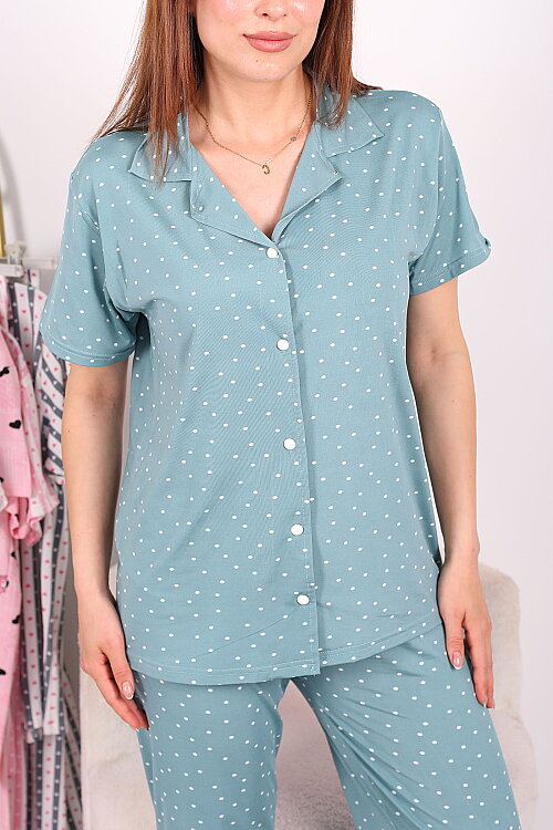 Puantiyeli Düğmeli Yeşil Kadın Pijama Takımı - Berox (1)