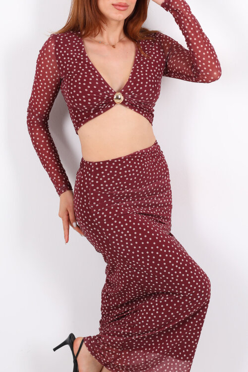 Puantiyeli Gold Aksesuarlı Mürdüm Kadın Etek Takım - Berox (1)