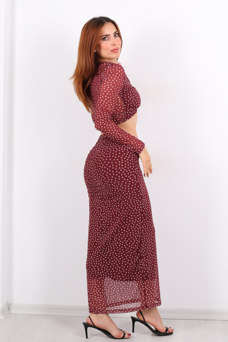 Puantiyeli Gold Aksesuarlı Mürdüm Kadın Etek Takım - 5