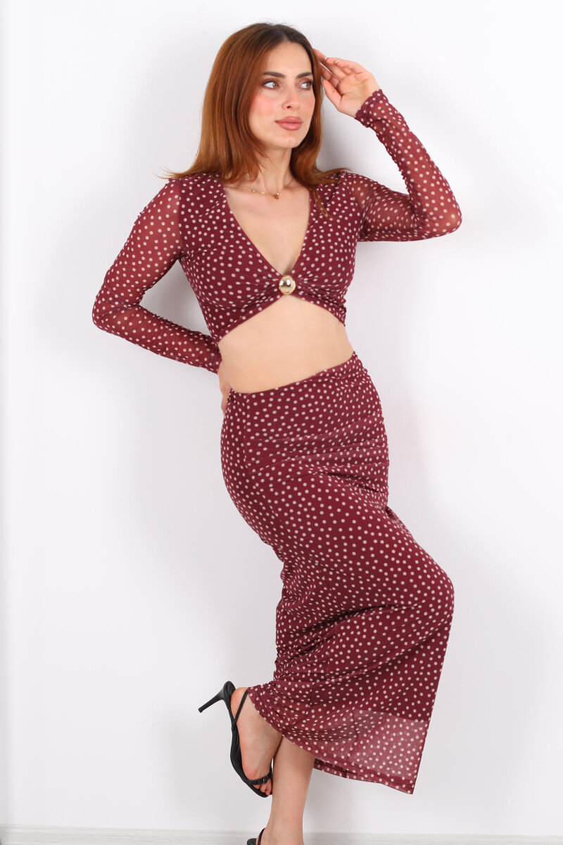 Puantiyeli Gold Aksesuarlı Mürdüm Kadın Etek Takım - 1