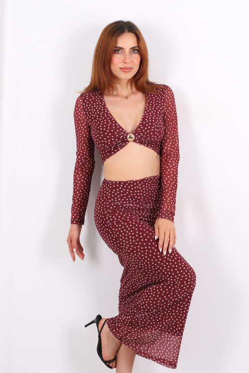 Puantiyeli Gold Aksesuarlı Mürdüm Kadın Etek Takım - 6