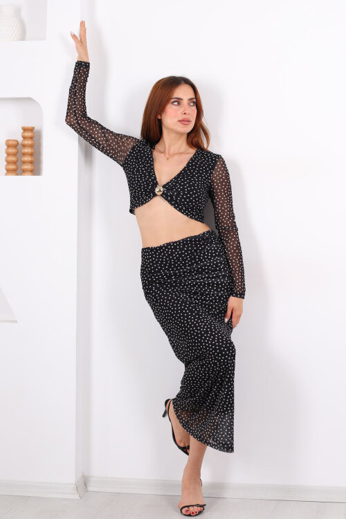 Puantiyeli Gold Aksesuarlı Siyah Kadın Etek Takım - 6