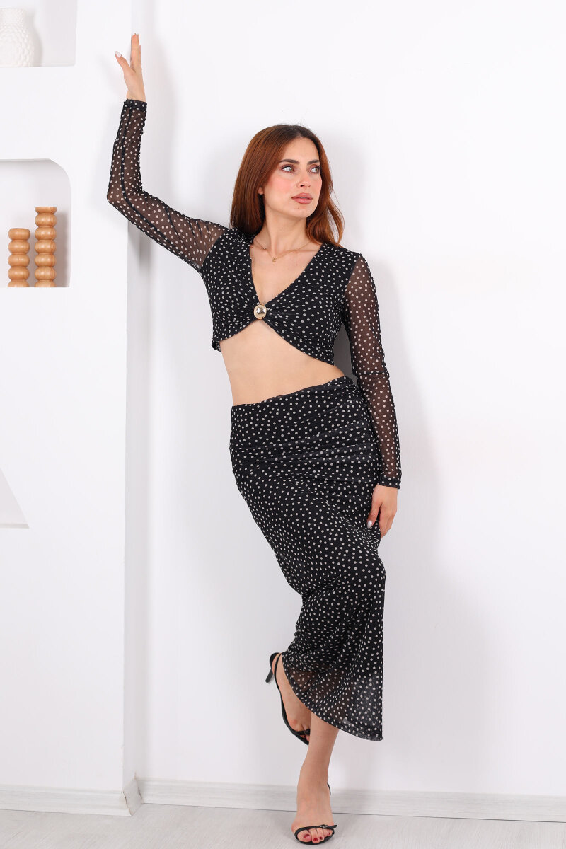 Puantiyeli Gold Aksesuarlı Siyah Kadın Etek Takım - 6