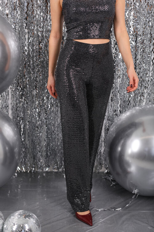 Pullu Bol Paça Kadın Siyah Pantolon - Berox (1)