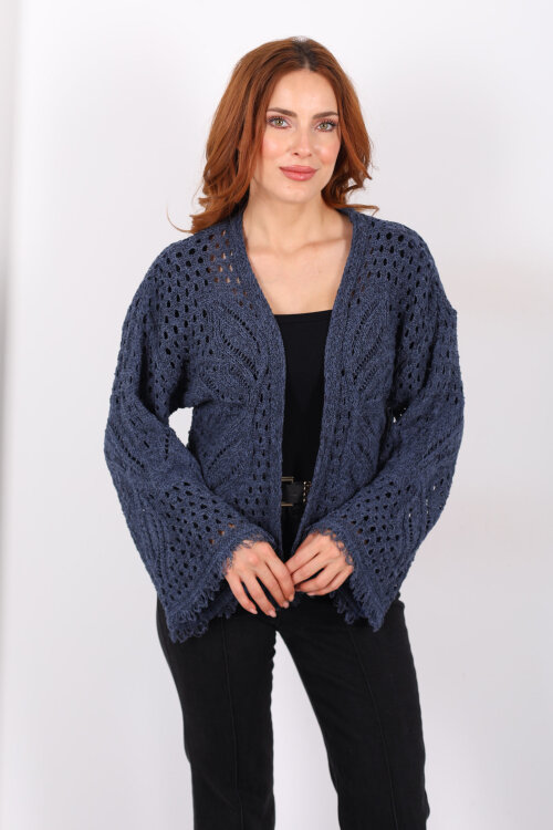 Püsküllü Ajurlu Marin Kadın Kısa Hırka - 3