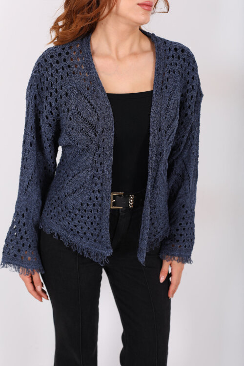 Püsküllü Ajurlu Marin Kadın Kısa Hırka - Berox (1)