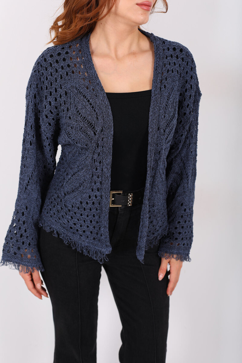 Püsküllü Ajurlu Marin Kadın Kısa Hırka - 2