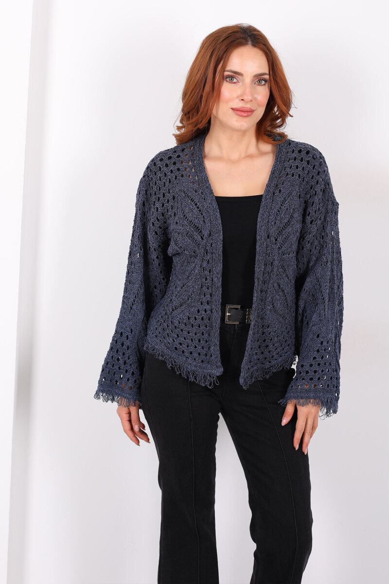 Püsküllü Ajurlu Marin Kadın Kısa Hırka - 5