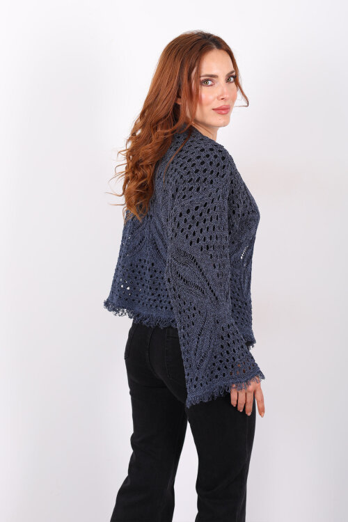 Püsküllü Ajurlu Marin Kadın Kısa Hırka - 4