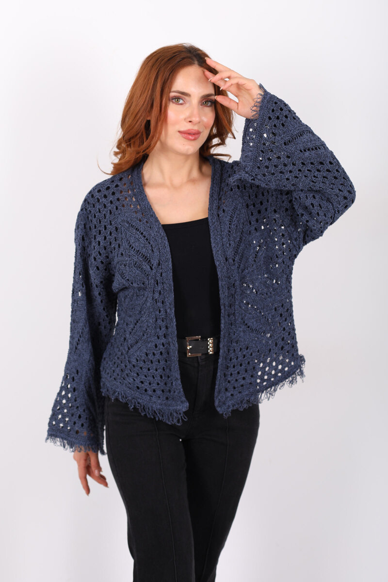 Püsküllü Ajurlu Marin Kadın Kısa Hırka - 1