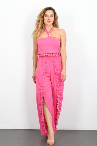 Püsküllü Boyundan Bağlamalı Bürümcük Crop-Pantolon Pembe Kadın Takım - 5