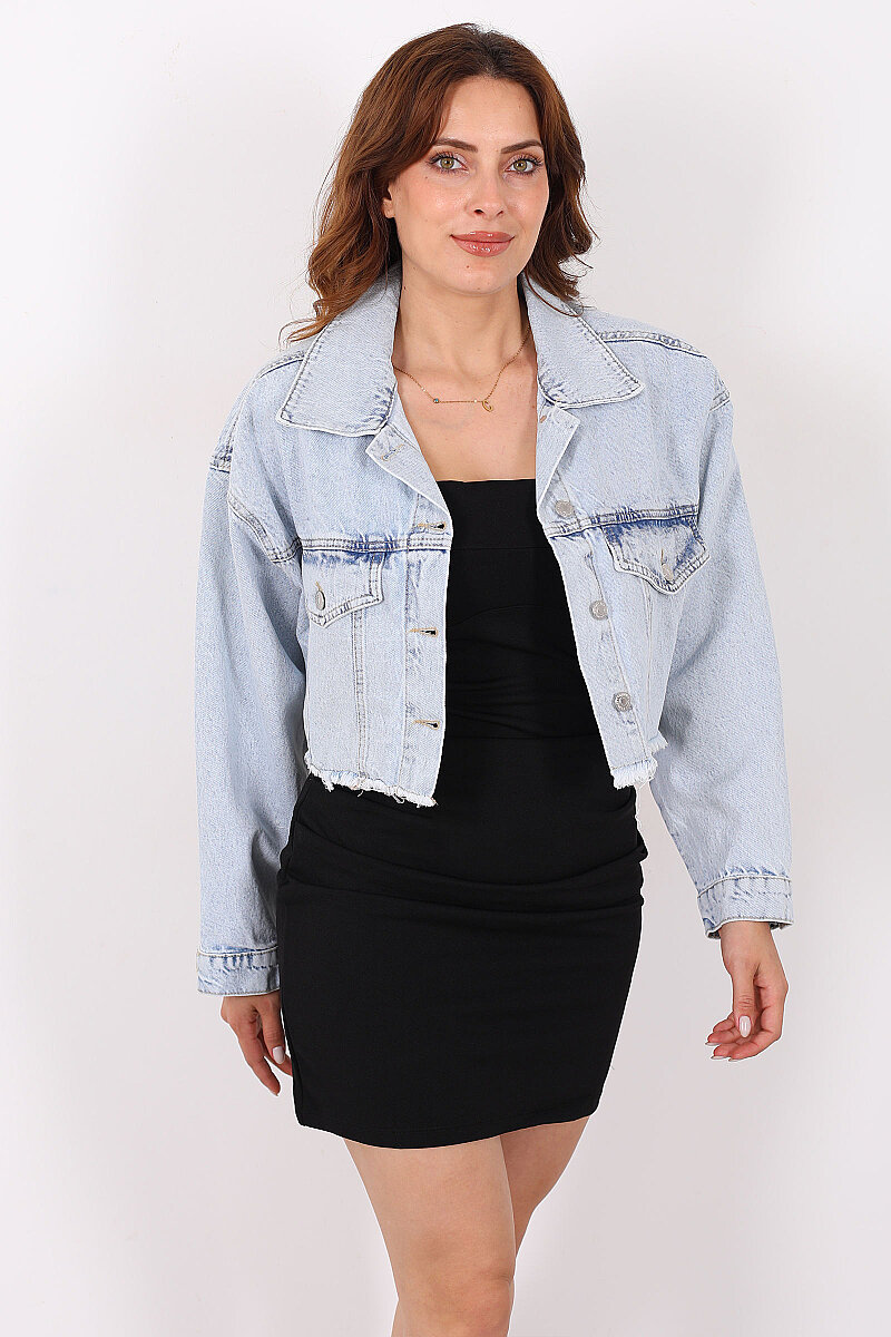 Püsküllü Düğmeli Crop Kot Ceket - 6