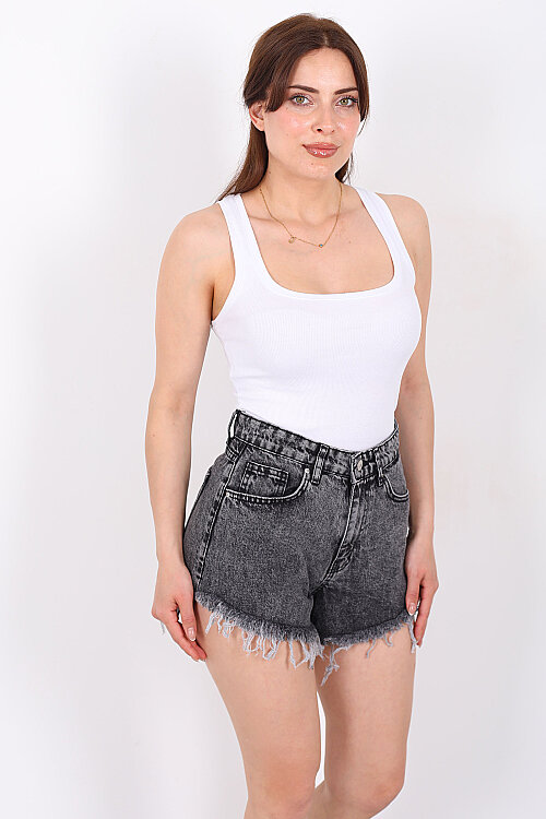 Püsküllü Kadın Füme Kar Yıkama Denim Mini Şort - 6