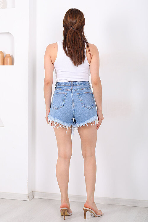 Püsküllü Kadın Mavi Denim Mini Şort - 6
