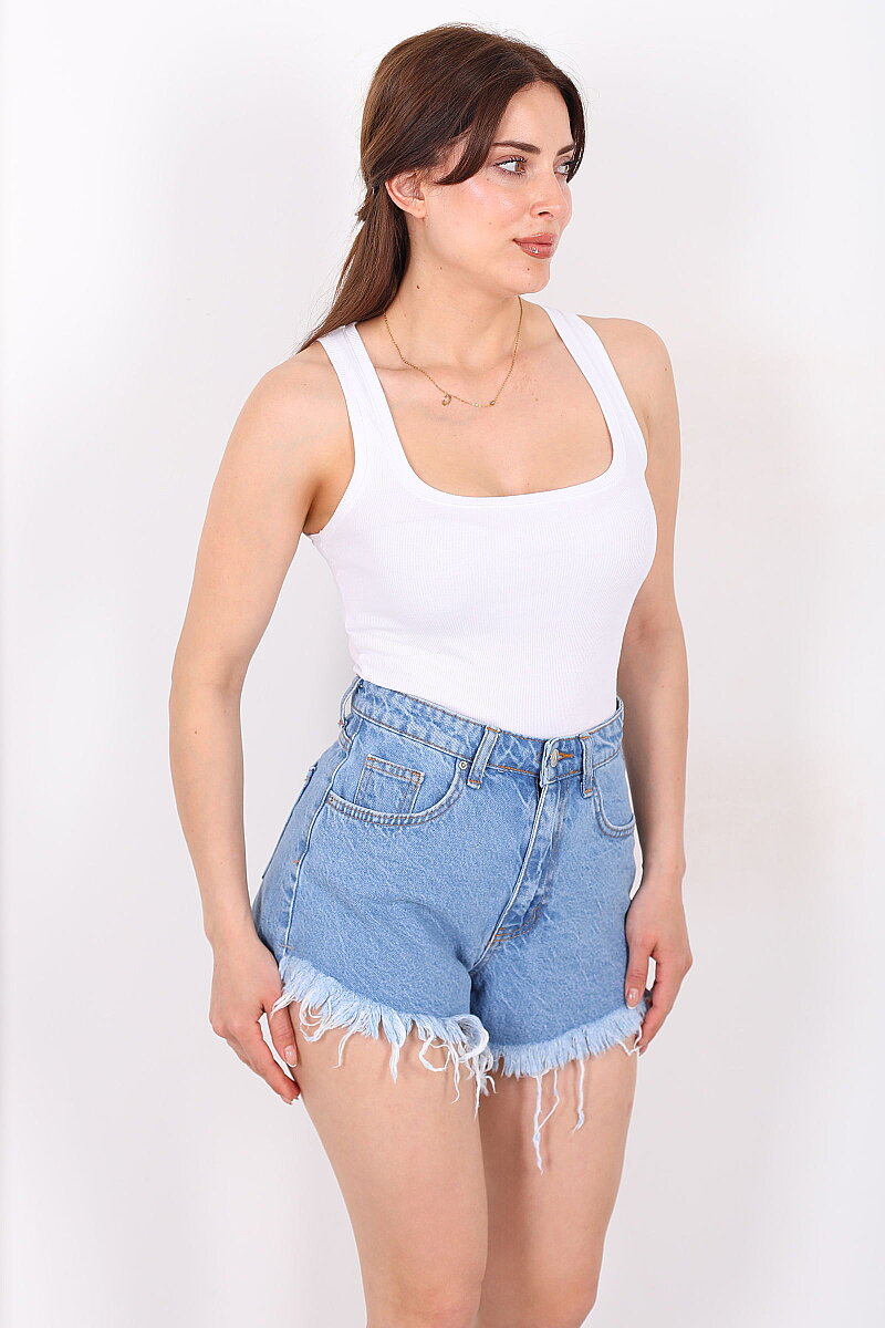 Püsküllü Kadın Mavi Denim Mini Şort - 5