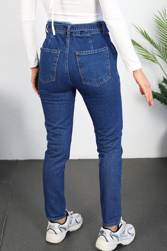 Püsküllü Kemerli Kadın Koyu Buz Mom Jean - 6