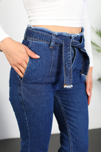 Püsküllü Kemerli Kadın Koyu Buz Mom Jean - 5