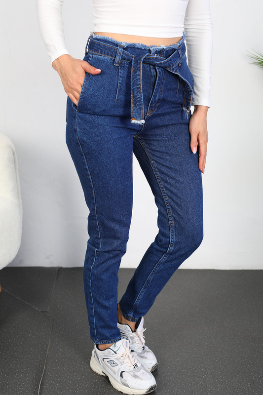 Püsküllü Kemerli Kadın Koyu Buz Mom Jean - 2