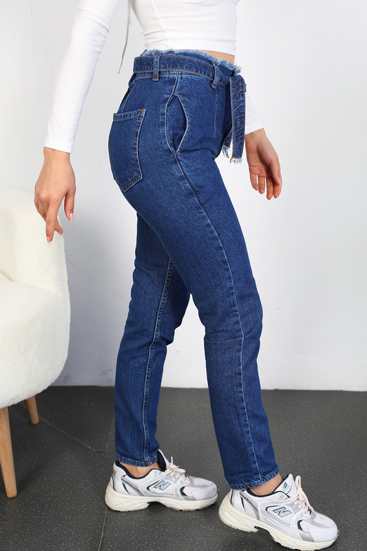 Püsküllü Kemerli Kadın Koyu Buz Mom Jean - 4