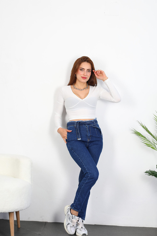 Püsküllü Kemerli Kadın Koyu Buz Mom Jean - 3