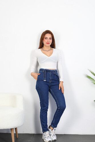 Püsküllü Kemerli Kadın Koyu Buz Mom Jean - 1