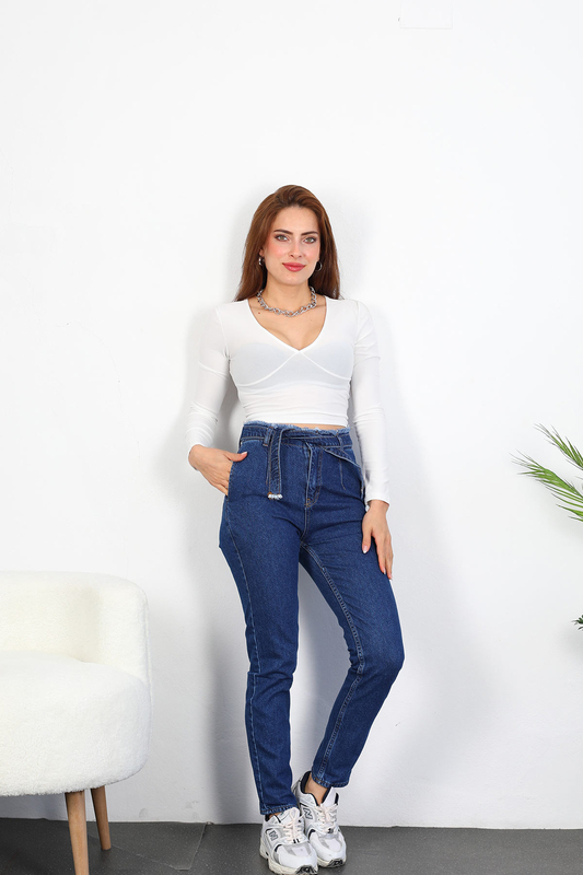 Püsküllü Kemerli Kadın Koyu Buz Mom Jean - 1