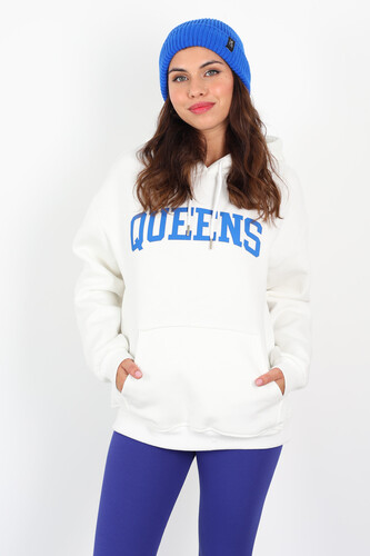 Queens Baskılı Kapüşonlu Beyaz Kadın Üç İplik Sweat - Berox