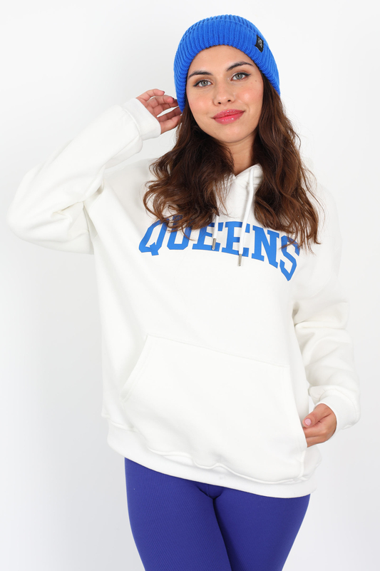 Queens Baskılı Kapüşonlu Beyaz Kadın Üç İplik Sweat - 2