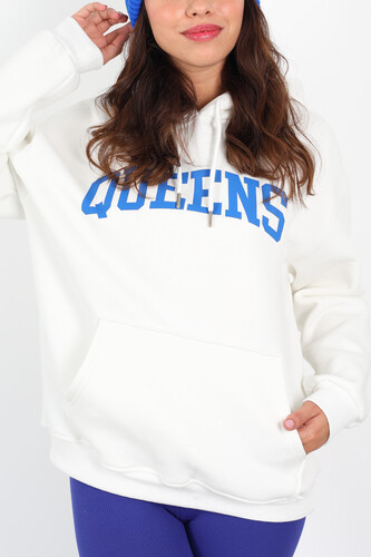 Queens Baskılı Kapüşonlu Beyaz Kadın Üç İplik Sweat - 3