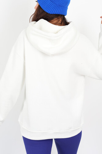 Queens Baskılı Kapüşonlu Beyaz Kadın Üç İplik Sweat - 4