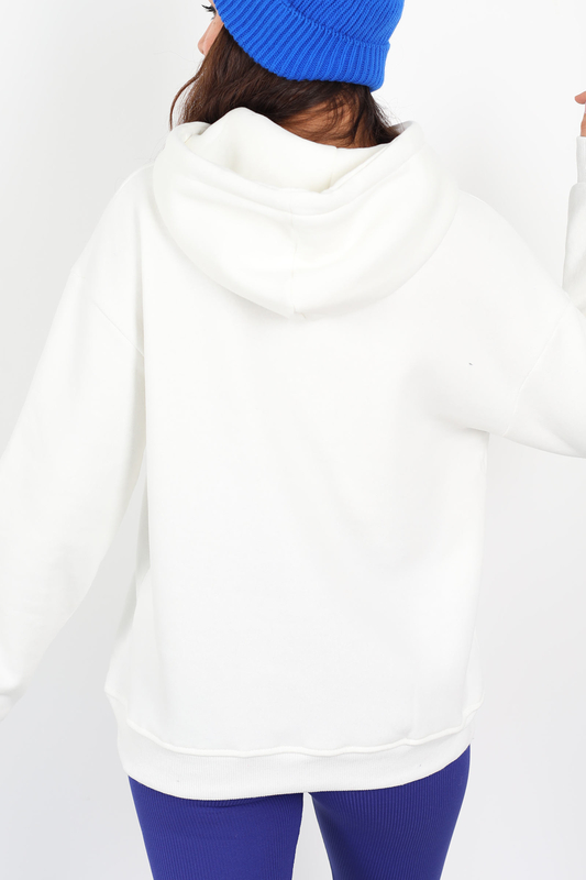 Queens Baskılı Kapüşonlu Beyaz Kadın Üç İplik Sweat - 4