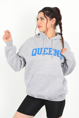Queens Baskılı Kapüşonlu Gri Kadın Üç İplik Sweat - Berox