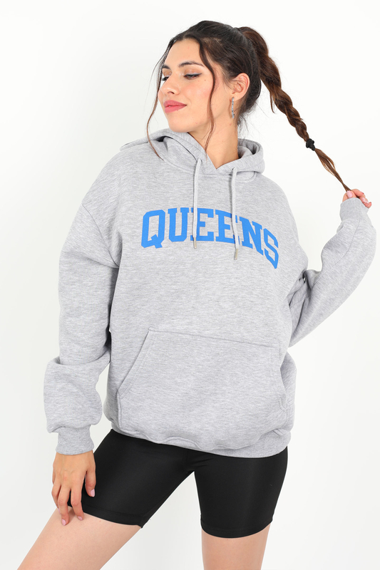 Queens Baskılı Kapüşonlu Gri Kadın Üç İplik Sweat - 2