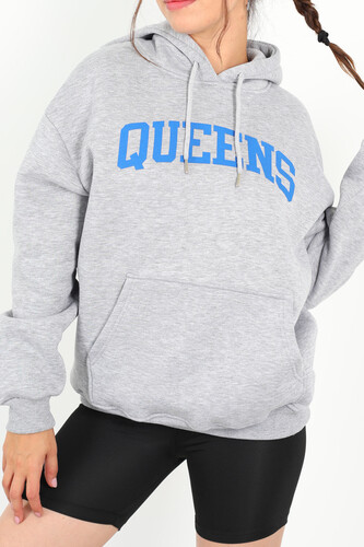 Queens Baskılı Kapüşonlu Gri Kadın Üç İplik Sweat - 3