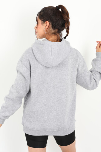 Queens Baskılı Kapüşonlu Gri Kadın Üç İplik Sweat - 4