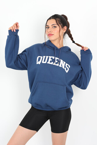 Queens Baskılı Kapüşonlu Marin Kadın Üç İplik Sweat - Berox