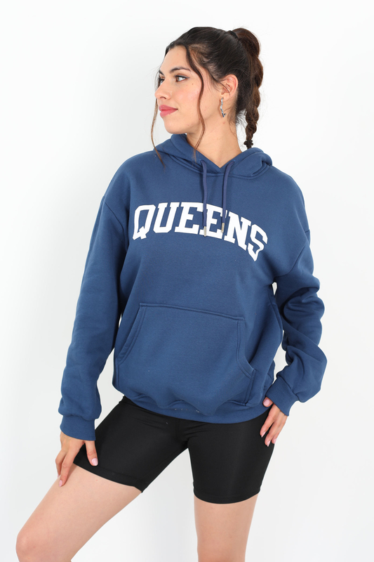 Queens Baskılı Kapüşonlu Marin Kadın Üç İplik Sweat - 2