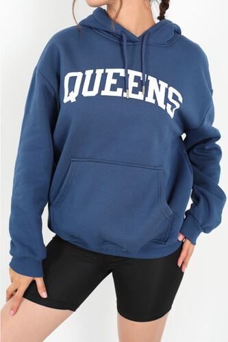 Queens Baskılı Kapüşonlu Marin Kadın Üç İplik Sweat - 3