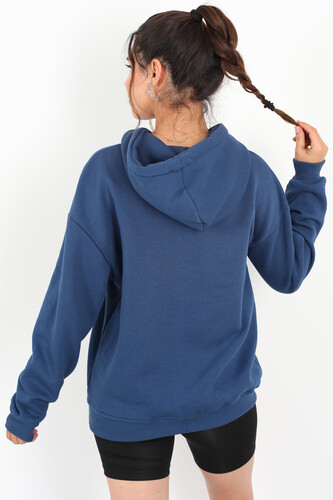 Queens Baskılı Kapüşonlu Marin Kadın Üç İplik Sweat - 4