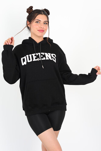 Queens Baskılı Kapüşonlu Siyah Kadın Üç İplik Sweat - Berox