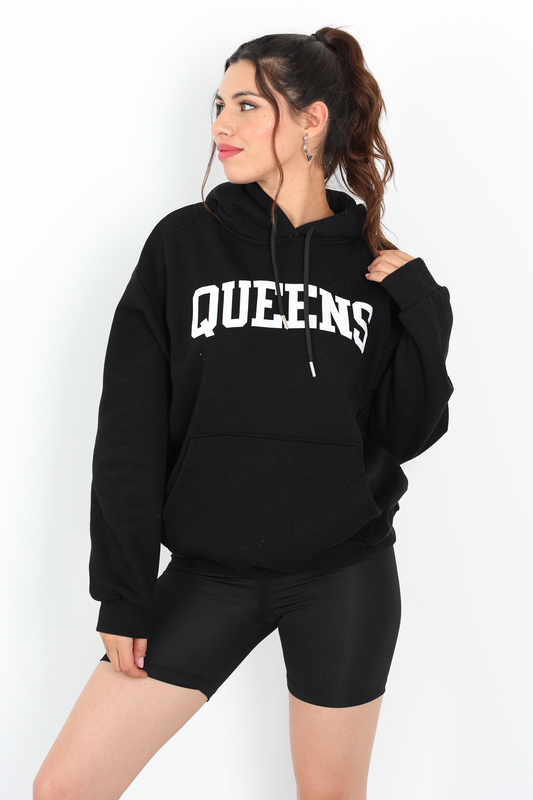 Queens Baskılı Kapüşonlu Siyah Kadın Üç İplik Sweat - 2