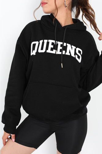 Queens Baskılı Kapüşonlu Siyah Kadın Üç İplik Sweat - 3