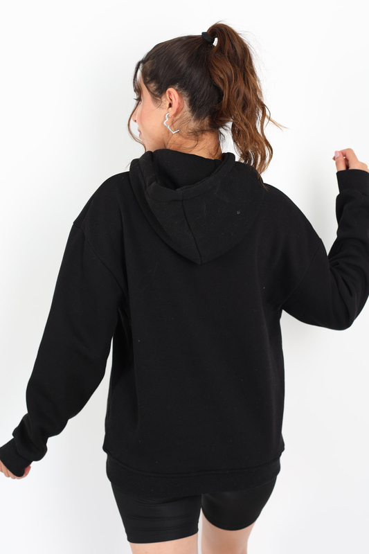 Queens Baskılı Kapüşonlu Siyah Kadın Üç İplik Sweat - 4