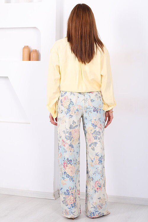 Renkli Çiçek Desenli Kadın Mavi Yüksek Bel Wide Leg Jean - 5