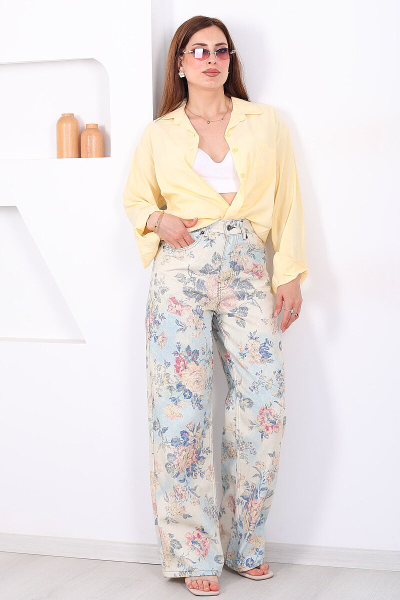 Renkli Çiçek Desenli Kadın Mavi Yüksek Bel Wide Leg Jean - 3